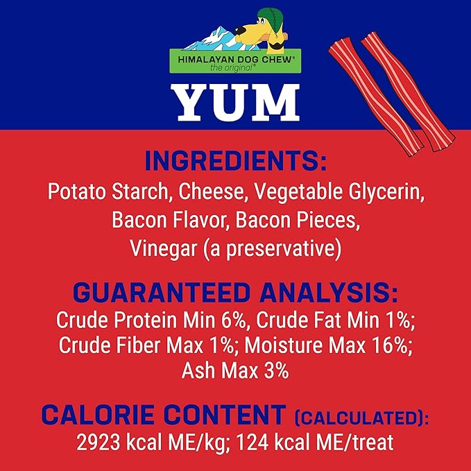 Himalayan Dog Chew Yak Cheese Dog Chews, Lactose Free & Grain Free, USA Made, For All Dog Breeds, Medium Density Cheese Chew, Resealable Pouch with 3 YUM Treats, Bacon Flavor