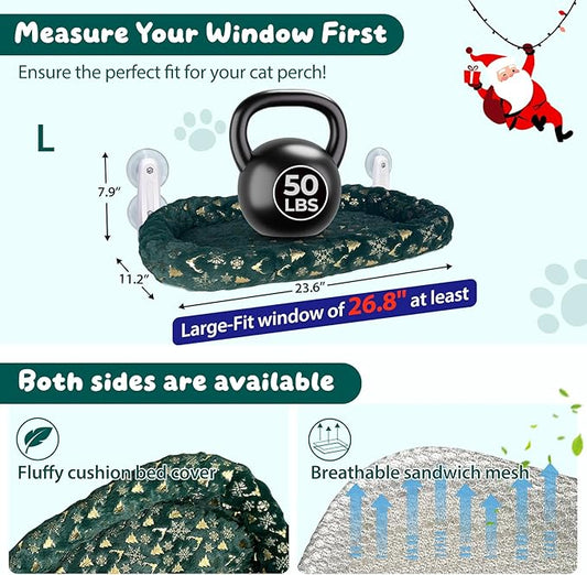 L&W BROS. 2-Pack Foldable Cat Window Perches with Christmas Cushion Bed – Easy to Assemble Cats Hammock for Window, Warm Indoor Cat Beds for Large Cats, Edition(L 2Pc)