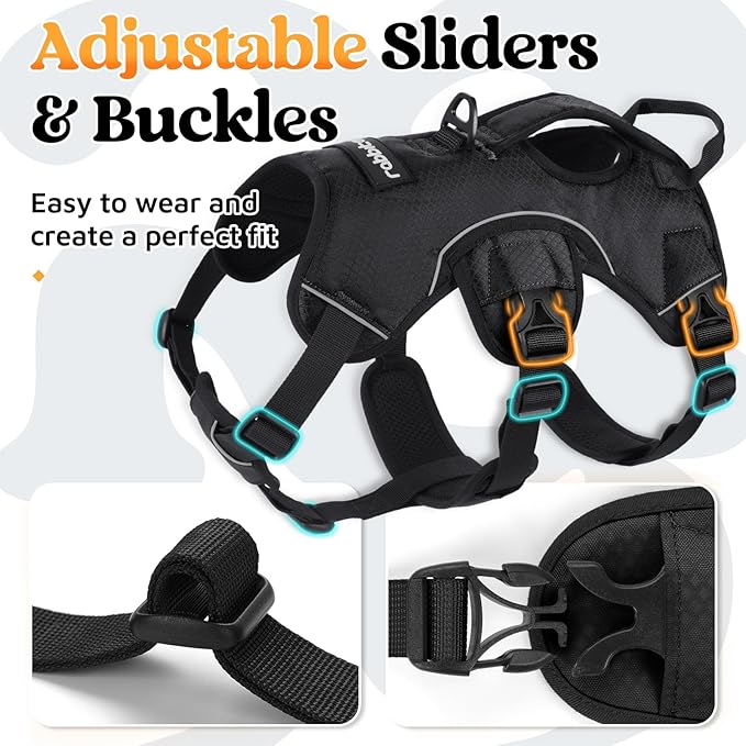 rabbitgoo Escape Proof Dog Harness, Soft Padded Full Body Pet Harness, Reflective Adjustable No Pull Vest with Lift Handle and Leash Clip for Large Dogs Walking Hiking Training, L, Black
