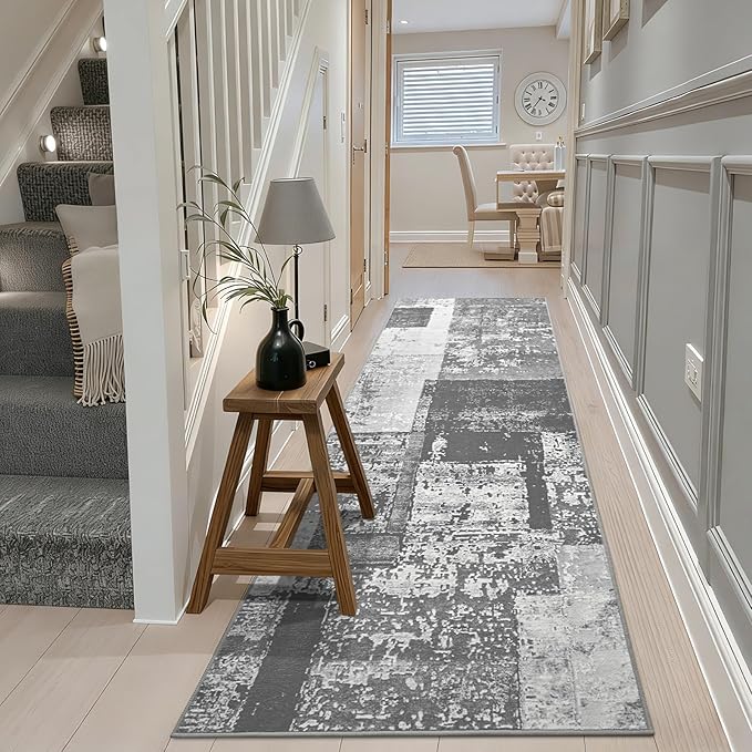 LOCHAS Washable Runner Rugs for Hallway, 2x6 Non Sip Soft Rug for Bedroom Entryway Kitchen Laundry Room, Long Abstract Carpet for Indoor Floor Bedside, Grey Geometric Vintage Decor, Pet & kid Friendly