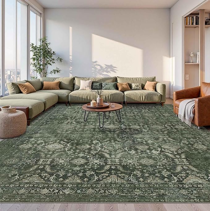 10x14 Area Rugs for Living Room Bedroom, Large Washable Rug, Green Vintage Floral Boho Rug, Non Slip & Low Pile Faux Wool Thin Carpet for Indoor Dining Room and Kids Room(Green 10x14ft)