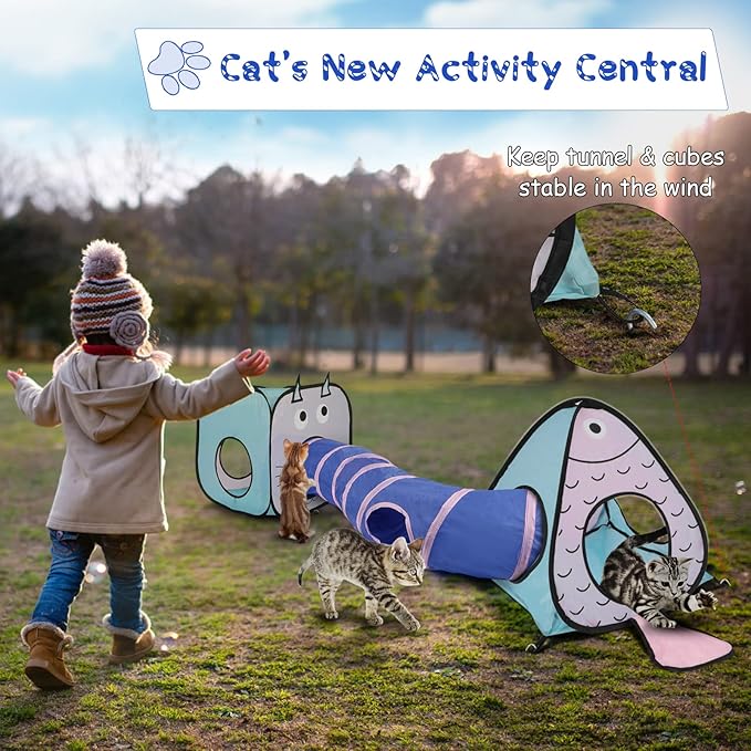 Rypet Cat Toy Tunnel and Cubes Bundle - Interactive Crinkle Collapsible Cat Tube and Foldable Cubes Playground for Kitty, Rabbit, Puppy, Ferret Hiding Hunting and Resting