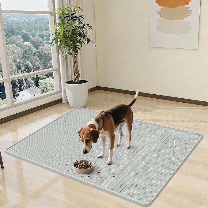 Silicone Cat & Dog Food Mat, 36" x 24" Large Pet Feeding Mat for Cats and Dogs Bowl, Pet Placemat for Food and Water with Raised Edge, Waterproof, Leakproof (Grey)