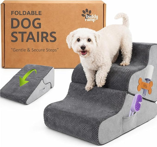 Dog Stairs for Bed & Couch – BuddyRamp 2-in-1 Foldable Dog Stairs and Ramp, 3-Step Pet Stairs Converts to Gentle Ramp, Non-Slip Soft Foam Steps for Small Dogs & Senior Pets