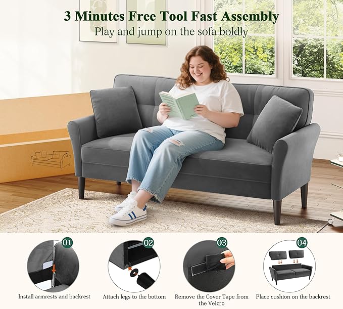 69" Loveseat Sofa, Velvet Small Couches for Small Spaces, Love Seat Couches with 2 Pillows, Tool-Free Setup Loveseats, 700lb Load Sofas for Living Room, Mini Couch for Bedroom, Comfy Sofa Couch, Grey