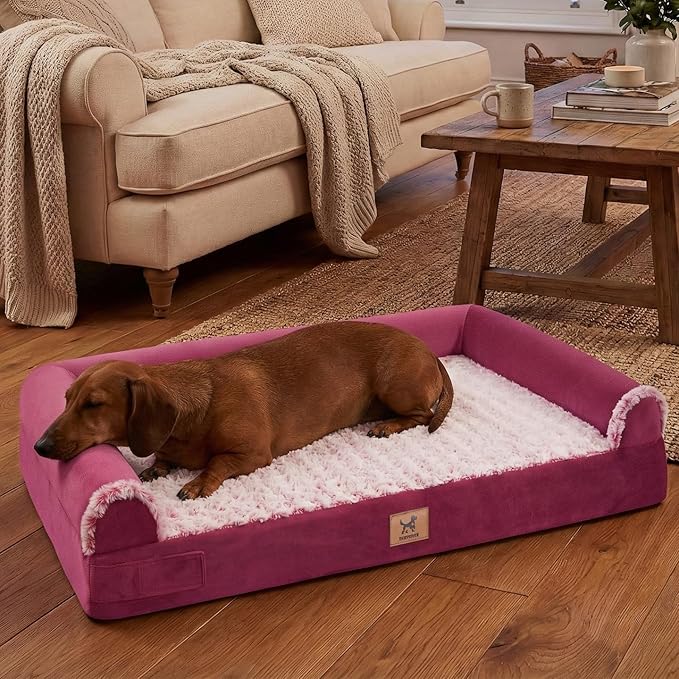 Medium-Sized Orthopedic Dog Bed - Washable Rose Velvet Cover, Waterproof Lining, Memory Foam Dog Couch, Non-Slip Base, Sofa Dog Bed for Corgis, Pomeranians, French Bulldogs (Rose Pink, L)