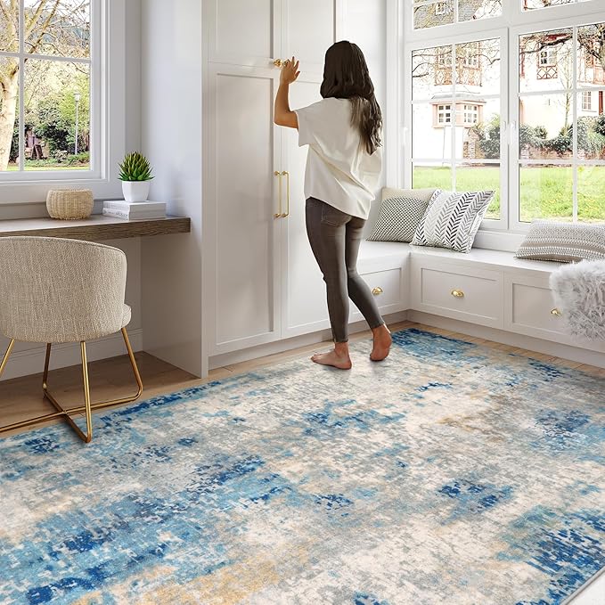 Lahome Modern Abstract 6x9 Area Rugs for Living Room, Washable Accent Bedroom Rug Low Pile Stain Resistant, Blue Soft Indoor Contemporary Carpet for Dining Room Table Apartment