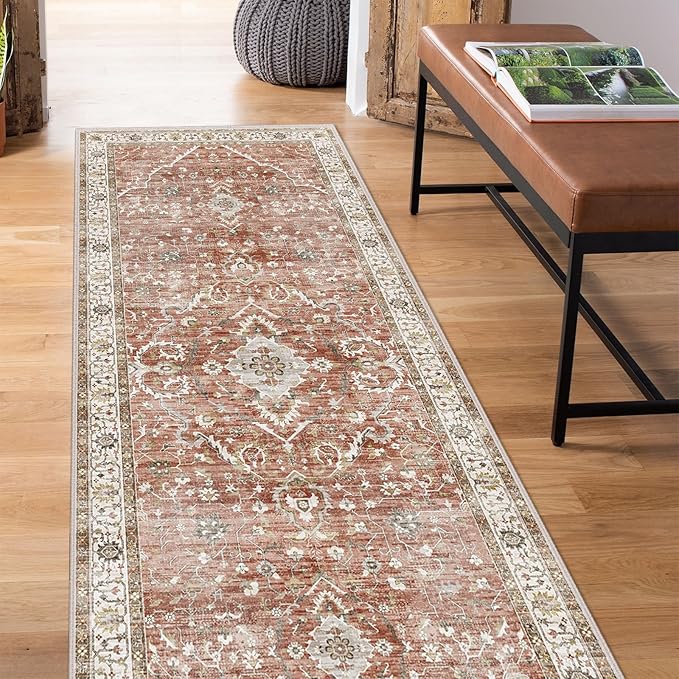Deerly Rug Runner - Boho 3x8 Washable Kitchen Rug Runner with Non-Slip Backing, Non-Shedding Floral Soft Runners for Hallways Distressed Carpet Runner Rugs for Bedroom Brick Red