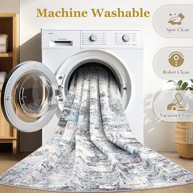 5ft Round Area Rugs for Living Room: 5x5 Abstract Washable Rug Modern Large Soft Stain Resistant Non-Slip Backing Machine Table for Bedroom Dining Room Indoor Home Office Carpet - Blue Grey