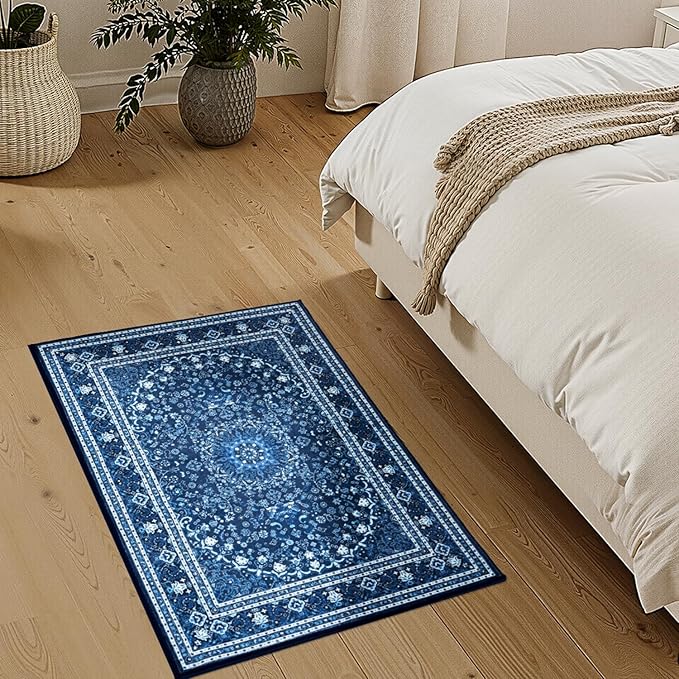 Lessymo 2 x 3 Entryway Rug - Machine Washable Area Rugs Boho Faux Wool Low Pile Area Rug for Bedroom, Floral Medallion Vintage Outdoor Rugs with Non-Slip Rubber,Blue White