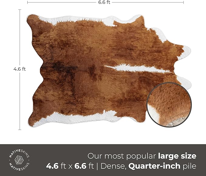NativeSkins Faux Cowhide Rug ??Hawthorn Brown (Large) | 4'7" x 6'7" | Cow Print | Western Bedroom Decor | Hand-Cut, Faux Suede No-Slip Backing | Western Rug | Animal Print | Cow Hide