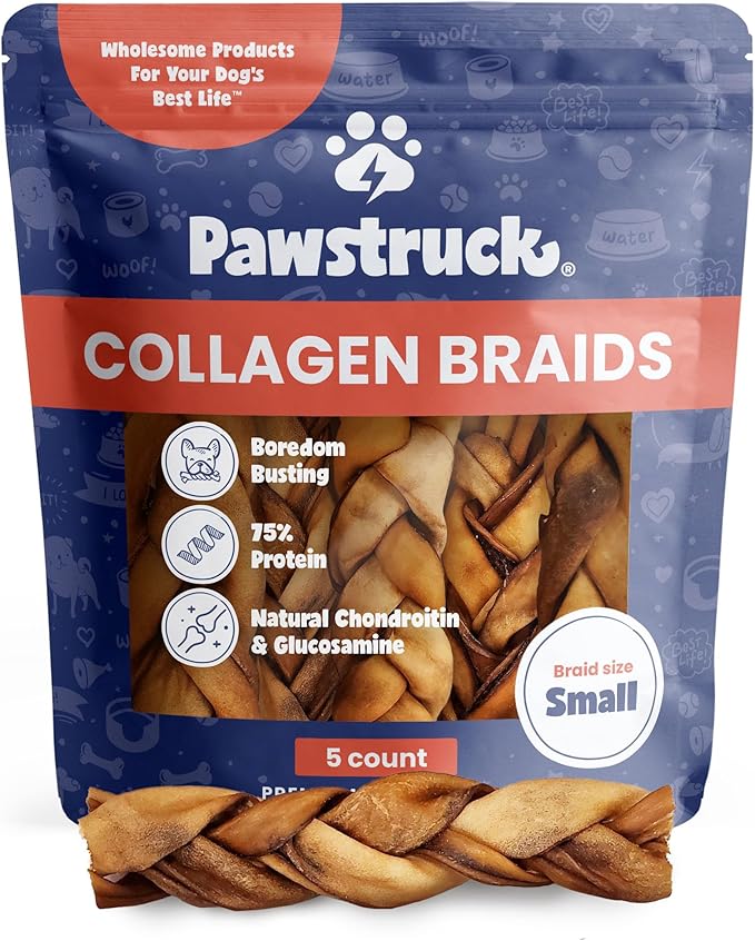 Pawstruck Natural 5-7” Beef Collagen Braids for Dogs – Long-Lasting Rawhide & Bully Stick Alternative, with Chondroitin & Glucosamine – 5 Pack