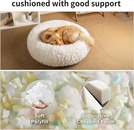 KHONSU PET Calming Donut Cat Bed for Cats & Kittens, Round Plush Cuddler with Chopped Memory Foam, Anti-Anxiety Bolster Support, Machine Washable & Non-Slip