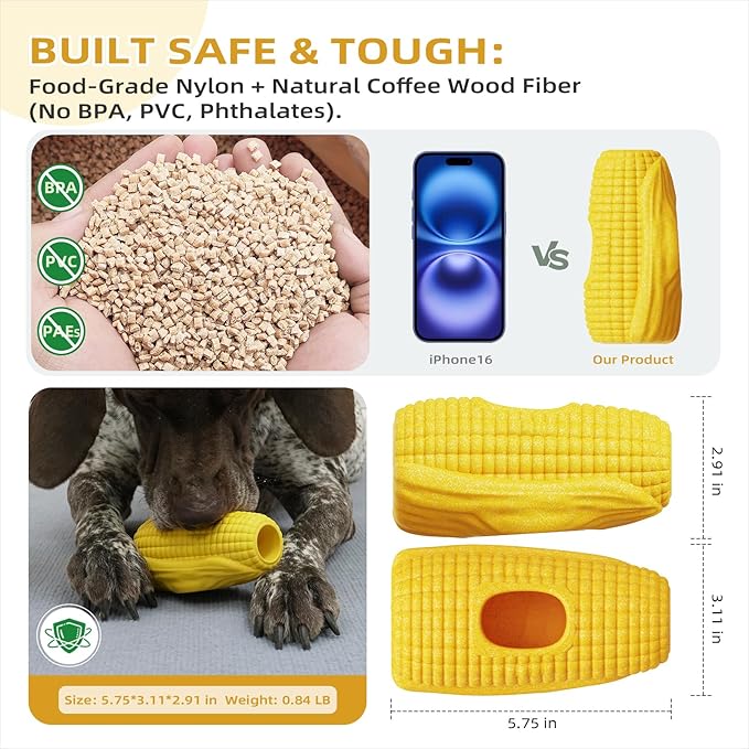 Interactive Dog Toys for Aggressive Chewers, Indestructible Dog Toy to Keep Them Busy, Corn-Shaped Durable Dog Chew Toys for Large & Medium Breeds, Frozen Treat Holder for Anxiety Relief & Dental Care