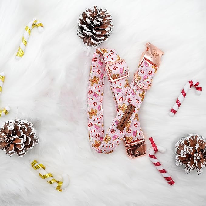 Elegant little tail Dog Collar, Christmas Pink Gingerbread Man Print Pet Collar Cute Dog Collars Male or Female Pet Gift Adjustable Dog Collar for X-Large Dogs