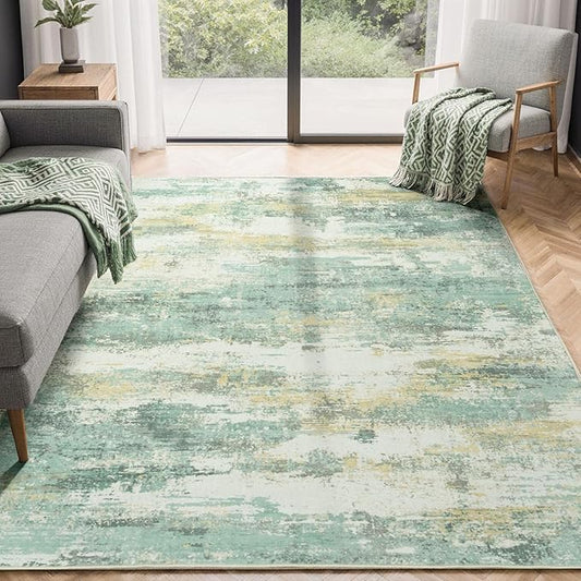 Rugflix 5x7 Area Rugs for Living Room, Washable Large Rug Stain-Resistant Low Pile, Modern Carpet for Dining Room Home Office Kid Room Nursery Bedroom, Light Green