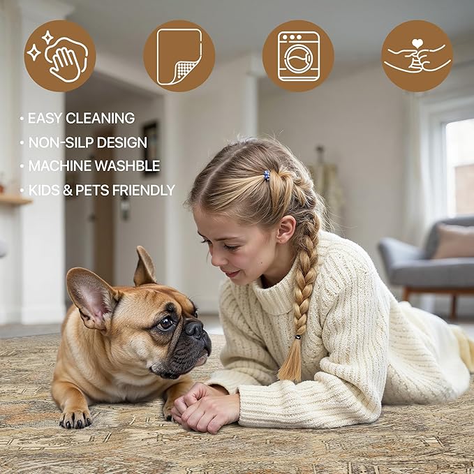 Bavni 2x3 Entryway Rug Bathroom Rugs for Front Door Bedroom Bathroom Kitchen, Washable Vintage Print Carpet, Ultra-Thin Chenille Lightweight Rug with Non Slip Backing, Wood