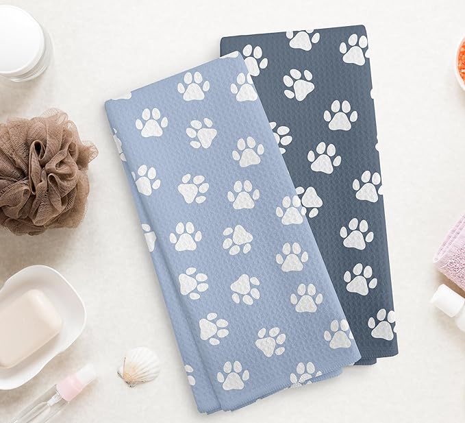 Dog Paw Hand Kitchen Dish Towels and Dishcloths Set of 2, Cute light Blue Hand Towels for Bathroom, Cool Gifts for Dog Lovers Women, 16×24 Inch