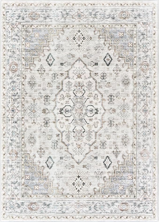 8x10 Area Rugs for Living Rooms, Stain Resistant Neutral Washable Rugs for Dining Rooms, Floral Vintage Non-Slip Thin Large Size Area Rug(Light Grey)