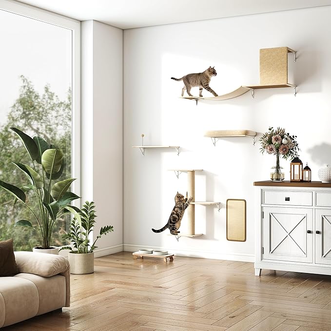 COZIWOW Cat Wall Shelves Set, 5-Piece Wall Mounted Cat Furniture with Cat Tree & Scratching Post, Floating Cat Perches for Indoor Cats（Beige）