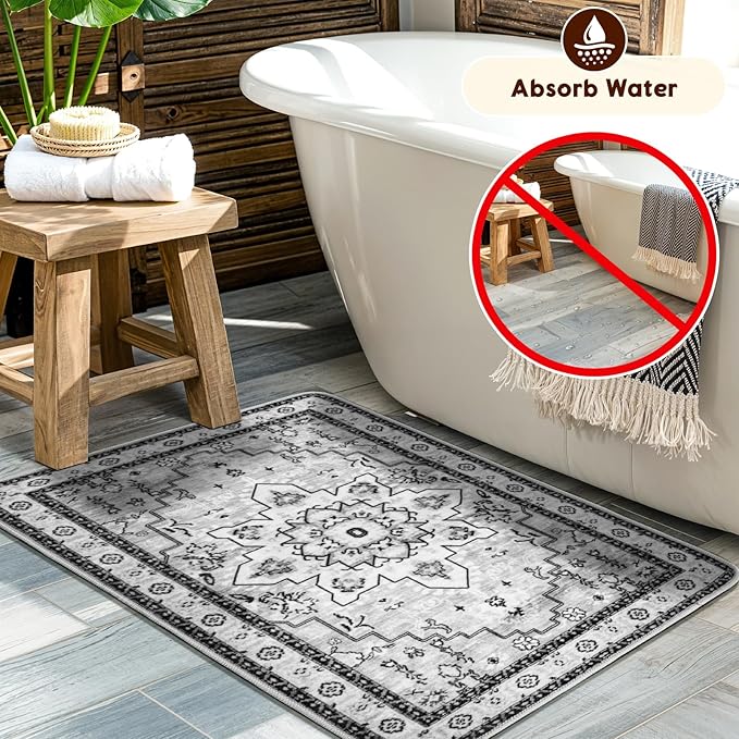 LBRO2M Boho Rug for Entryway Indoor Washable Rugs 3X5 Front Door Carpet Gray Non Slip Throw Rug, Small Rug for Bathroom Kitchen Rugs Pet Friendly Area Rugs Low Piles (3'X5' Light Gray)