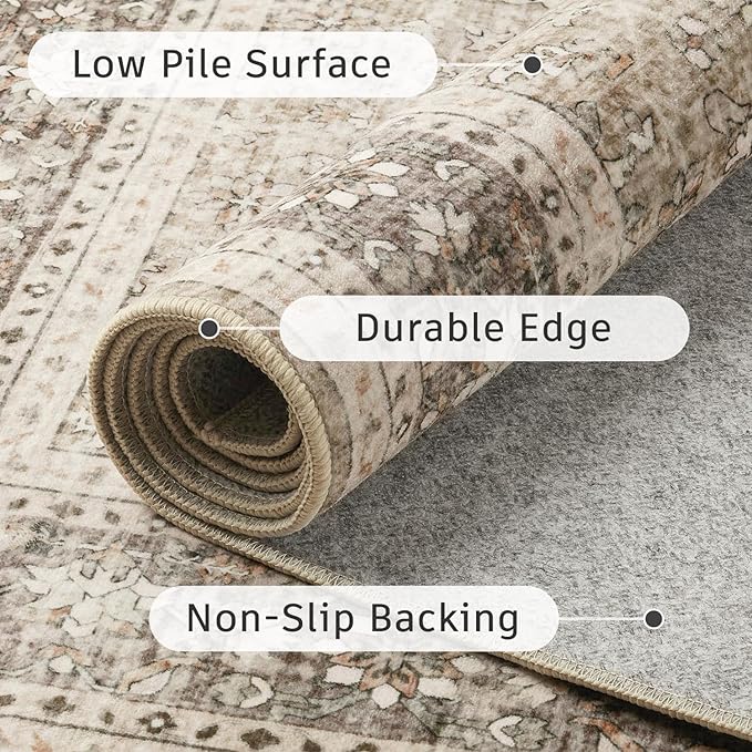 DCX Beige and Taupe 4x6 Rug, Kid & Pet Friendly with Rubber Back Non Slip, Machine Washable Stain Resistant Vintage Traditional Distressed Carpet, Rug for Living Room, Bedroom, Neutral Home Decor