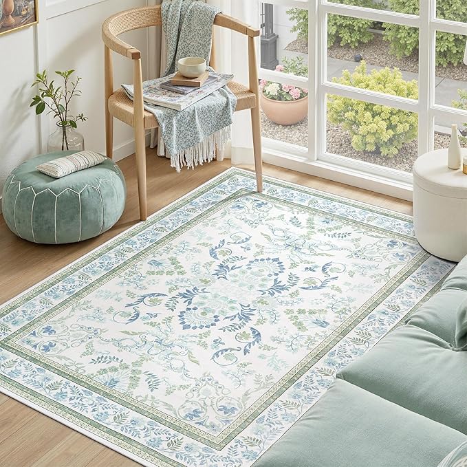 DCX Green Floral 3x5 Area Rug, Machine Washable Soft Non Slip Vintage Floral Rug for Entryway, Kitchen, Bedroom, Laundry, Bathroom