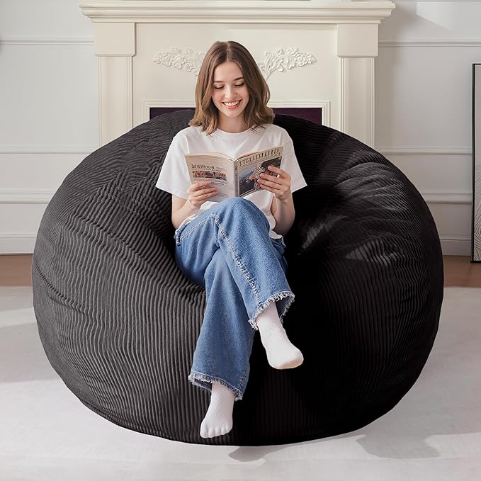 Homguava 5FT Bean Bag Chair for Adults,Teardrop Giant Bean Bags Big Beanbag Chair with Memory Foam Filled and Ultra Soft Removable Corduroy Cover for Living Room, Bedroom (Black)