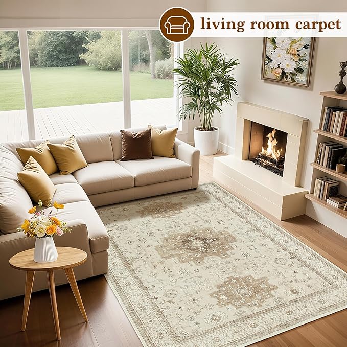 LBRO2M Farmhouse Washable Rugs 5X7 for Living Room Bedroom Vintage Non Slip Rugs Easy Clean, Low Piles Stain Resistant Carpet Distressed Area Rug Great for Pets and Family (5'X7' Beige)