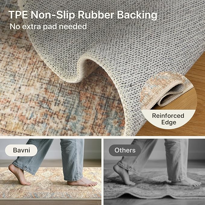 Bavni 9x12 Area Rug Washable Rug for Living Room Bedroom, Vintage Print Carpet, Low Pile Lightweight Mat with Non Slip Backing, Pale Warm Yellow