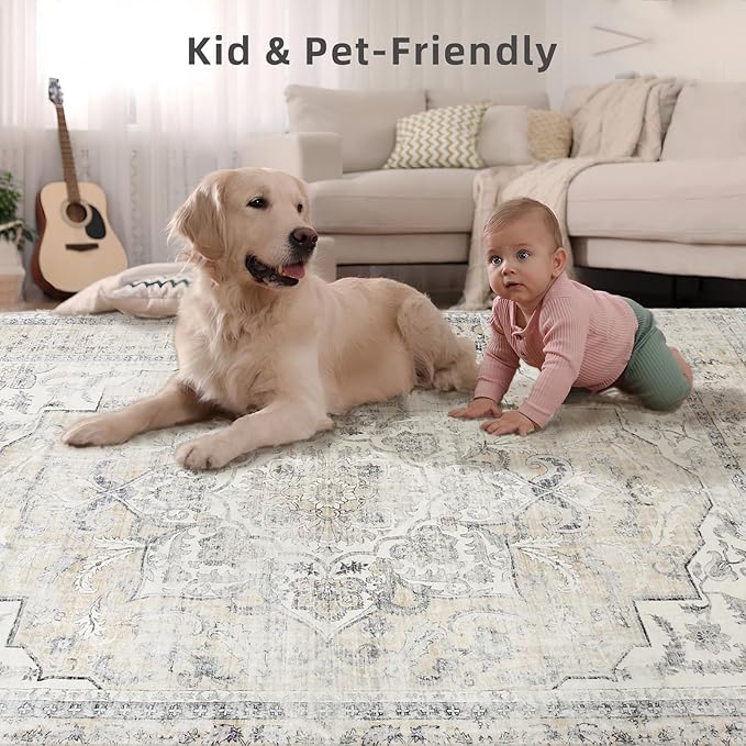 Area Rugs 9x12 Living Room: Washable Rugs for Bedroom Stain Resistant Non Slip Distressed Vintage Large Boho Rug Low Pile Faux Wool Soft Carpets for Living Room Dining Room Farmhouse Playroom