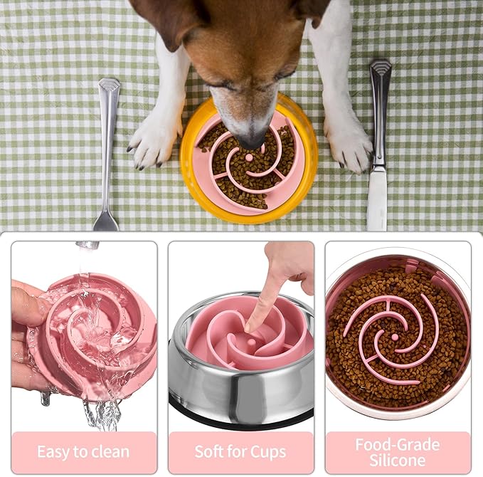 Slow Feeder Dog Bowls Insert, Bestalk Soft Silicone Slow Eating Feeder Insert with Suction Cups for Small, Medium and Large Dogs, Fit into Basic and Elevated Dog Bowls, Pink