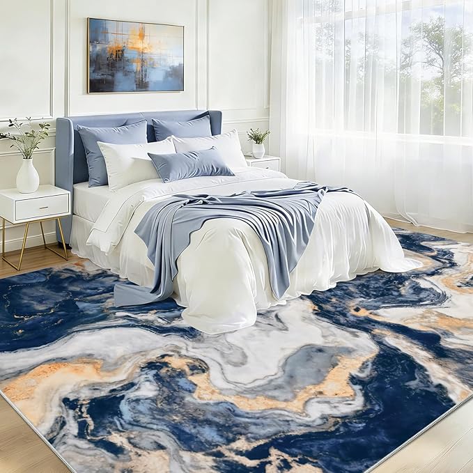 Yinhua Marble Area Rug 6x9, Modern Washable Rug Non Slip, Soft Faux Wool Abstract Rugs Non Shedding, Low Pile Living Room Rugs Pet Friendly, Blue and Gold Carpet for Bedroom Nursery Office