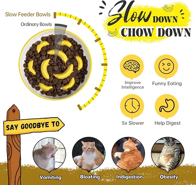 Ceramic Cat Slow Feeder Bowl - Vibrant Cat Feeding Bowl - Cute Maze Food Dish for Slow Eating - Dishwasher Safe - 6.3''W x 1.2''H - 7 OZ - Yellow