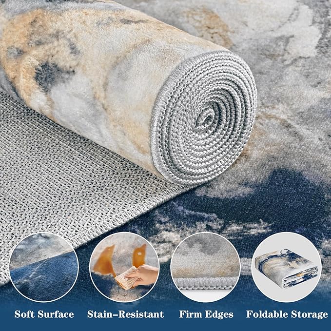 Yinhua Marble Rug 5x7, Blue and Gold Washable Rug Non Slip, Soft Faux Wool Modern Rugs Non Shedding, Low Pile Abstract Area Rugs Non Skid, Stain Resistant Floor Carpet for Living Room Bedroom Office