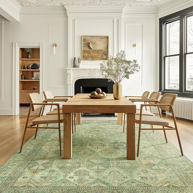 Bavni Washable Rug 6x9 Area Rug for Living Room Bedroom Dining, Washable Vintage Print Carpet, Ultra-Thin Chenille Low Pile Lightweight Rug with Non Slip Backing, Light Green