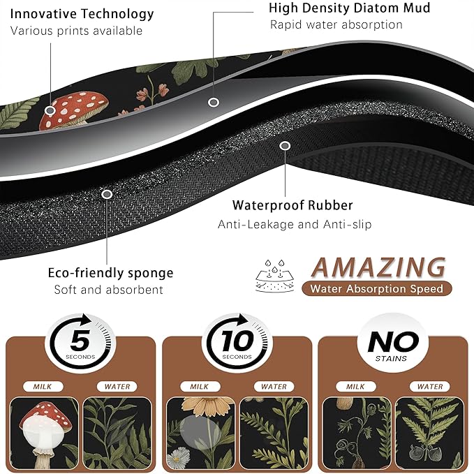 Red Mushroom Pet Feeding Mat,Fern Herb Butterfly Absorbent Quick-Dry Cat Dog Food and Water Bowl Mats,Non-Slip Rubber Backing Mat,Cat Dog Accessories Supplies 12"x20"