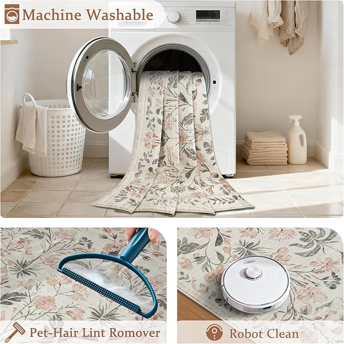 5x7 Area Rugs Washable Rug: Lagre Boho Living Room Rug Soft Non-Slip Thin Carpet Indoor Floor Non-Shedding Neutral Floral Carpets for Bedroom Dining Room Farmhouse Nursery Pink