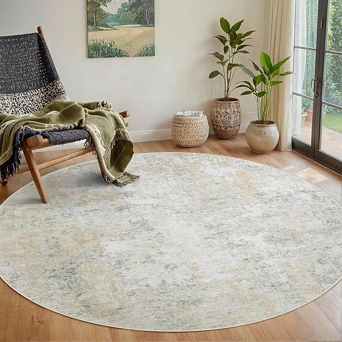 Round Rug 6ft Circle Rug Washable: Carpet Small Circular Area Rug for Entryway Kitchen Bedroom Dining Room Living Room 6 Feet Abstract College Dorm Non Slip Low Pile Beige Grey