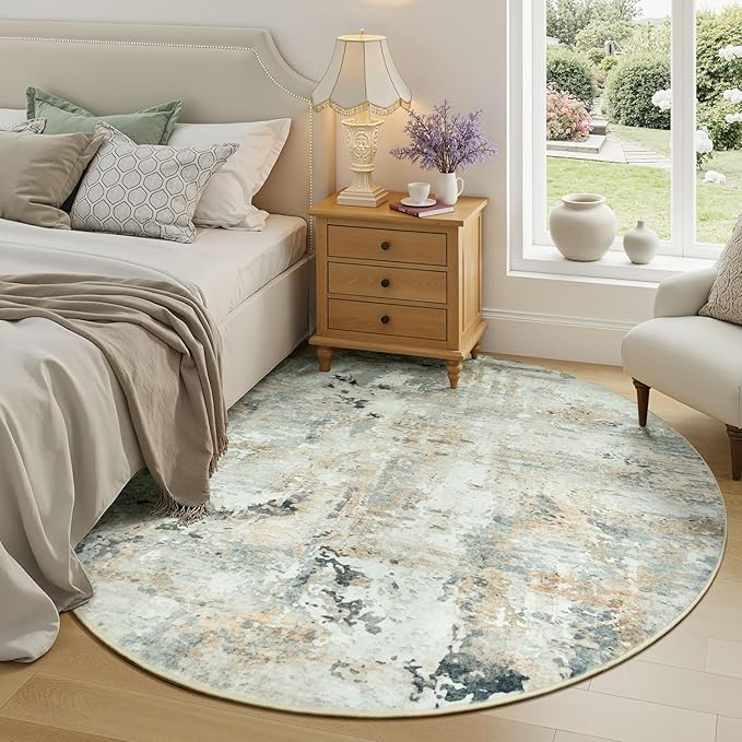 Abstract Round Rugs 8ft, Non-Slip Washable Circle Rug for Living Room, Stain Resistant Neutral Indoor Soft Floor Carpet for Bedroom Nursery, Brown/Grey