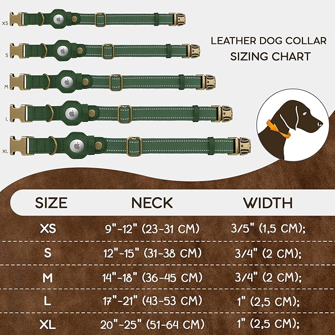 Reflective Leather Dog Collar with AirTag Holder - Soft Apple Airtag Dog Collar with Metal Buckle - Safety Cotton Pet Collars for Dogs Small Large Dogs Puppy (Hunter Green, M, 14"-18")