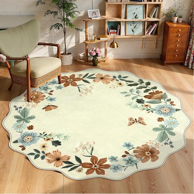 Lahome Floral Washable Round Area Rug, Soft Round Rugs 6ft Ultra-Thin Non-Slip, Boho Large Circle Carpet for Bedroom Living Room Kitchen Nursery, Beige