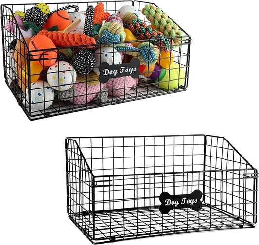 Geyecete 2 Pack Toy box for dogs large Dog Toy organizer Pet wire folding basket DOG TOY container dog toy box-Chew-Proof Dog Food Toy Storage-Black