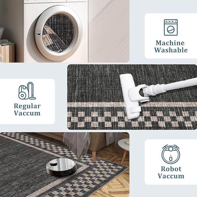 Rug Runners for Hallways 2x8 Washable Kitchen Runner Rug Non Slip Low Pile Bedside Throw Carpet Modern Bordered Bathroom Runners Checkered Area Rug for Living Room Bedroom Entryway Nursery, Black