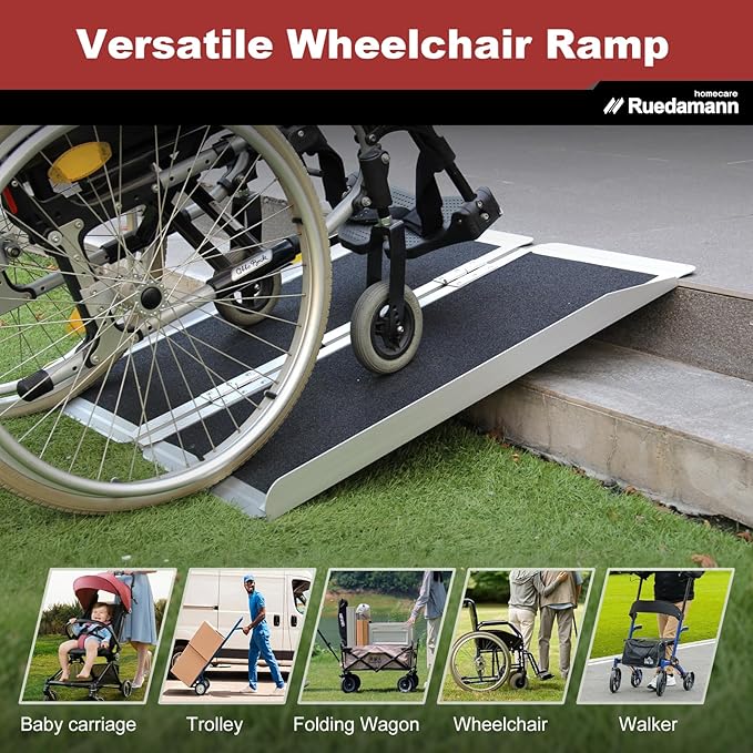 Ruedamann 4FT Portable Wheelchair Ramp, Non-Slip Aluminum Folding Handicap Ramp for Doorways, Wheel Chair Threshold Ramp for Home Steps, Stairs, Wheelchair, Scooters, Pets, Entry