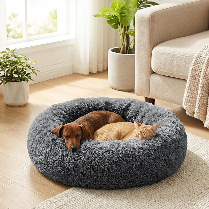 PetAmi Calming Dog Bed for Small & Medium Dogs and Cats, 30 Round Donut Dog Bed, Washable Fluffy Faux Fur Puppy & Cat Bed, Anti-Anxiety Plush Cuddler Pet Bed with Anti-Slip Bottom - Dark Gray