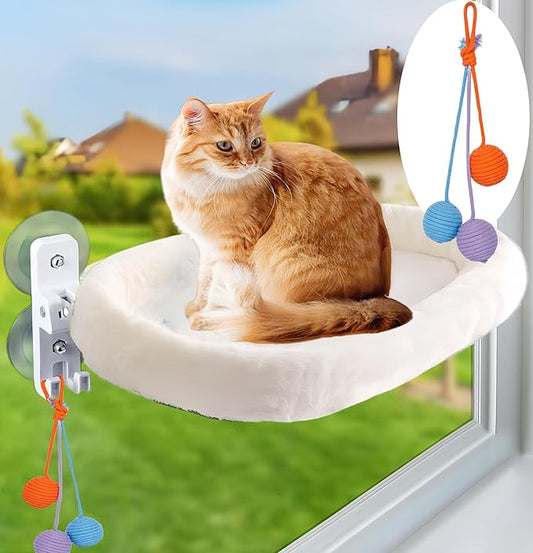 Cat Window Perch Cat Hammock Foldable Hanging Bed，Upgrade Strong Suction Cups Sturdy Holds Up to 25kg,Easy to Assemble,Reversible Cover 53 * 30cm (White, M-52CM)