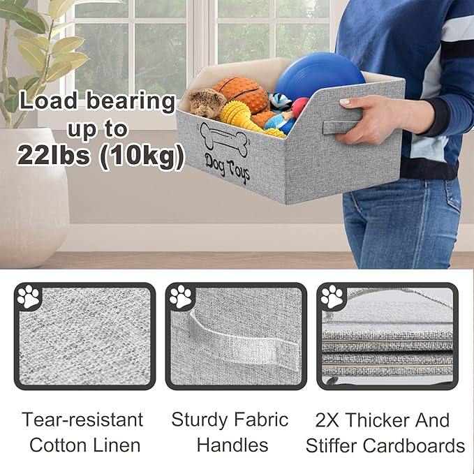 2X Thicker Large Dog Toy Collapsible Fabric Dog Toy Box and Storage Bin With Handle - Trapezoid Basket Chest Organizer for Pet Toys, Blankets and Accessories
