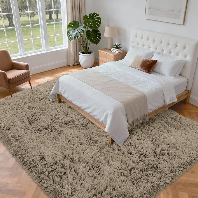 5x7 Area Rug for Living Room: Ultra Soft Fluffy Rug Modern Large Thicked Shag Rug for Bedroom Non Slip Indoor Fuzzy Carpets for Girls Kids Room Nursery Dorm Home Decor Gray Camel
