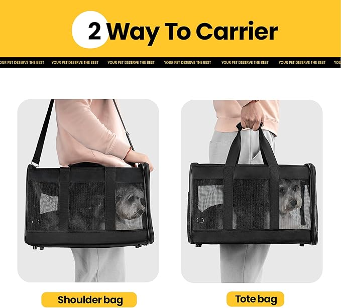Cat Carrier Airline Approved, Soft-Sided Dog Carrier with Inner Safety Leash, Pet Transport Carrier for Small-Medium Cats Puppies up to 15 Lbs, Collapsible Travel Kitten Carrier Bag -BlackM